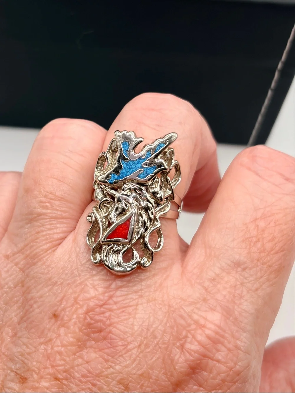 Tribal Silver Plated Statement Ring with Turquoise and Coral Accents